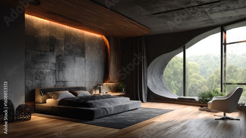 Modern bedroom with dark tones, a large curved window offering a lush forest view, and wooden flooring.  A low platform bed and armchair complete the scene