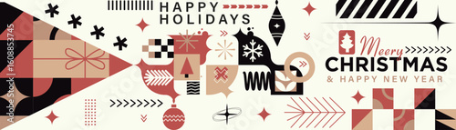 Merry Christmas Vibrant Abstract minimalist style Geometric Pattern with Modern Typography Colorful Festive and Snowflakes Holiday Greeting Background Banner Design