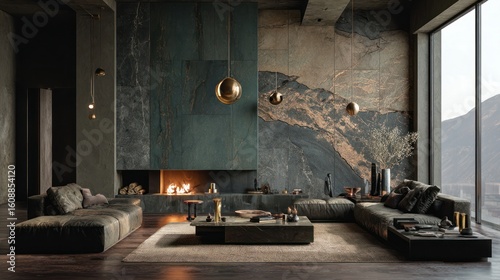 Living room with stone walls, large windows, dark furniture, and soft lighting