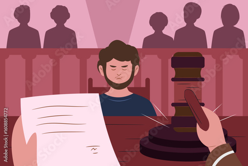 A judge reading documents and speaking into a microphone while a man listens in court.