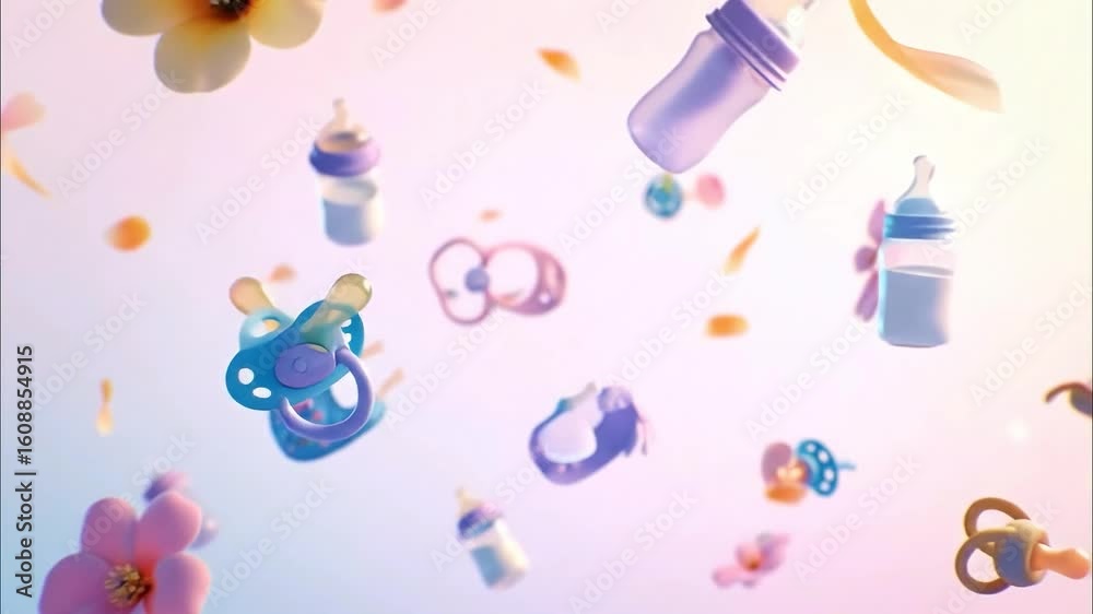 Animated Floating Baby Care Items in Pastel Dreamy Background with Soft Motion - World Breastfeeding Week