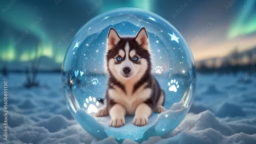Enchanted Husky Snow Globe - 4K Winter Puppy & Magical Aurora Scene