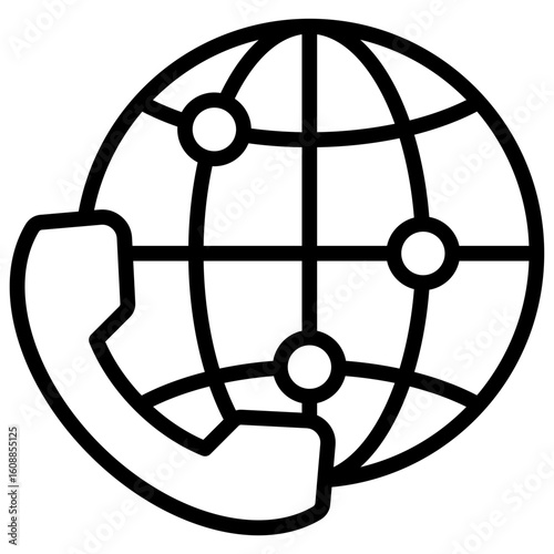 Global Call Outline Icon Design Vector - Globe with telephone handset showing international communication