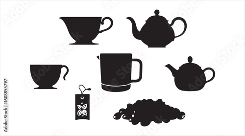 silhouette icon set of coffee and tea essentials, featuring a coffee cup, teapot, takeaway mug, tea bag, and coffee beans, all in solid black fill and a minimalistic style, isolated.