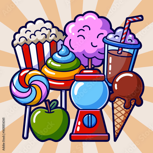 Gumball machine vector art with colorful candy shop treats. Ideal for food and beverage designs, childrens illustrations, and retail promotions.
