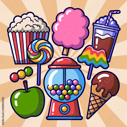 Gumball machine vector art with colorful candy shop treats. Ideal for food and beverage designs, childrens illustrations, and retail promotions.
