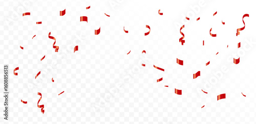 bright red confetti and ribbon streamers falling on a transparent background. blurred. Vector. eps 10