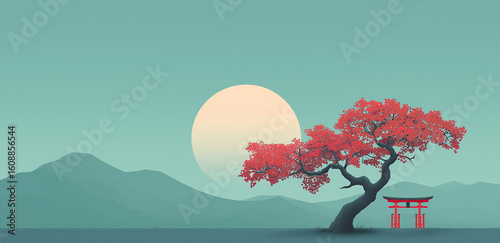 Japanese landscape features red bonsai tree, torii gate, mountains under pale sun.