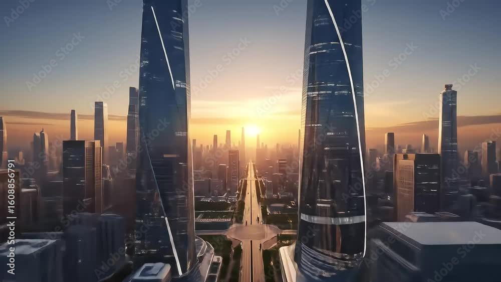 Futuristic Megacity Skyline at Sunset – Hyper-Modern Urban Design