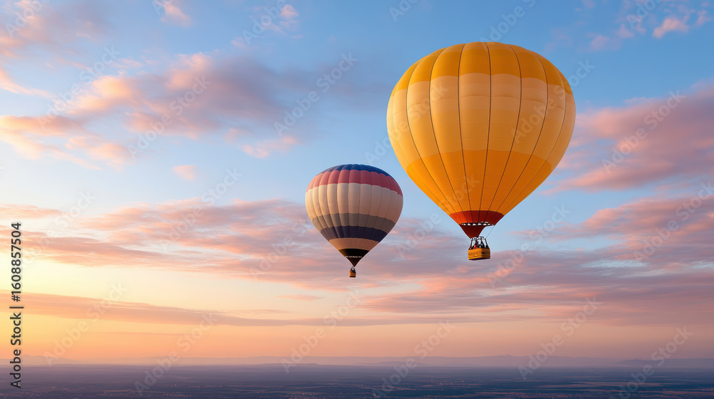 Fototapeta premium Hot air balloons float gracefully in colorful twilight sky, creating serene atmosphere