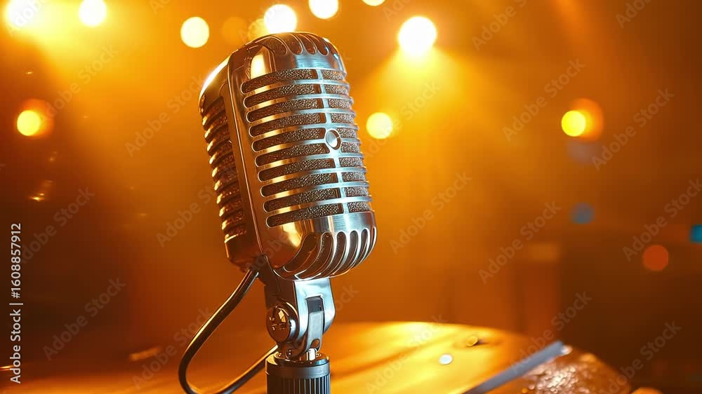 A microphone on a stand in front of a stage with lights