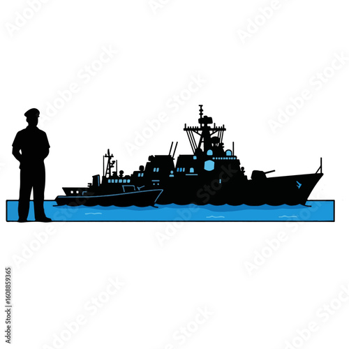 Naval Officer with Destroyer and Patrol Boat Silhouettes