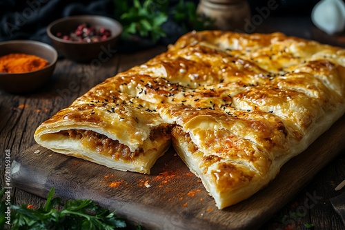 Wallpaper Mural Qeema Puff Pastries golden and flaky, split open to show spicy minced meat filling, on a wooden board  Torontodigital.ca