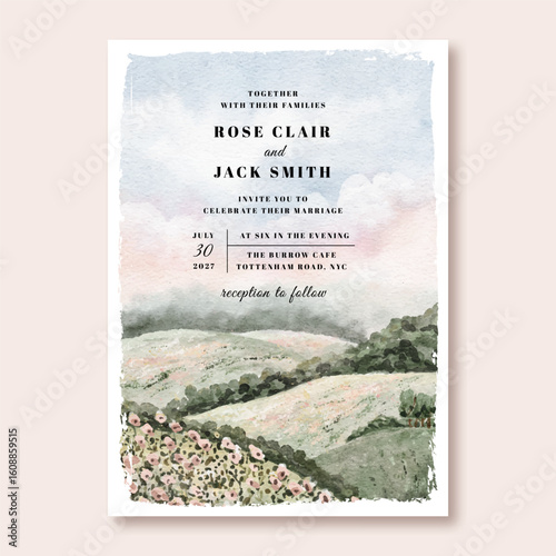 wedding invitation card with dreamy hills landscape watercolor background