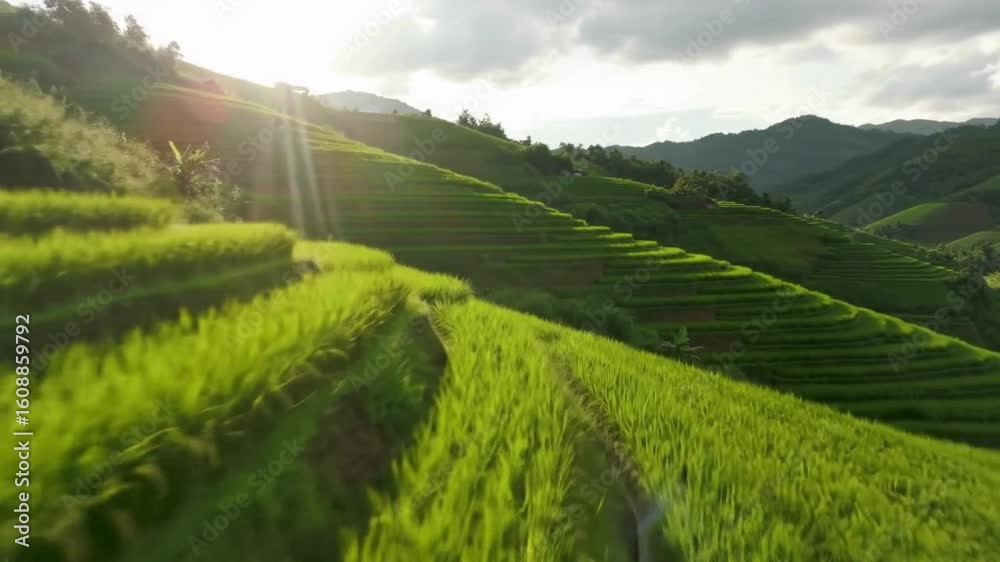 Sunlight breaking through clouds over green rice terraces, cinematic drone sweep, Southeast Asia scenery