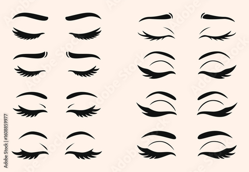 Set of closed eyes and eyelash styles in black silhouette for beauty and makeup design in vector illustration