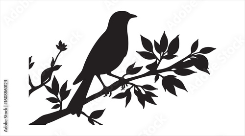 Outline of a bird sitting on a branch with leaves in a simple vector style. Vector illustration

