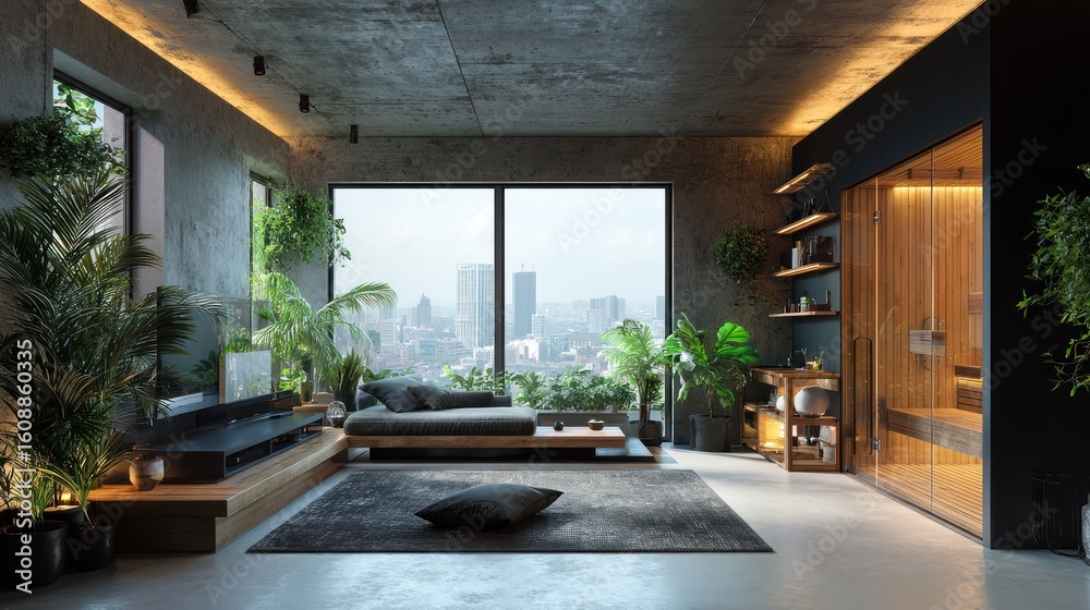 Fototapeta premium Modern, minimalist interior features large windows, plants, wooden elements, and city views