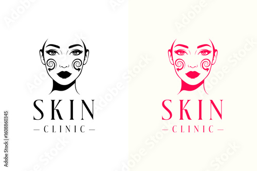 woman face with swirling arrows on cheeks illustration, vector logo for dermatology, skin wellness, makeup, skin care, cosmetics brand, beauty clinic, skin clinic, and more