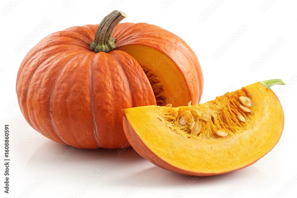 Whole orange pumpkin with a slice showing seeds isolated on white background Whole orange pumpkin with a slice showing seeds isolated on white background