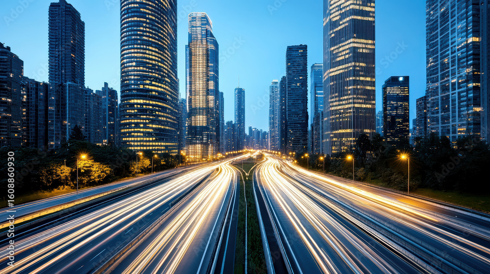 Fototapeta premium City skyline, modern buildings, illuminated highway, night scene, urban landscape, vibrant lights