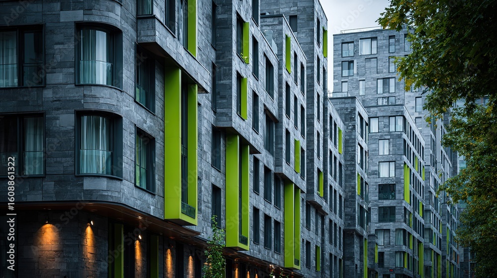 Fototapeta premium Green decorative windows of modern building