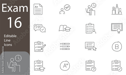 Exam Editable Line Icons Set. questionnaire, test results, answer, and more. Isolated on transparent background. Vector illustration
