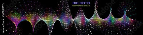 Futuristic background helix  lines from dots data quantum computing with polygons grid in black cyberspace. Digital technology concept research. Big data.