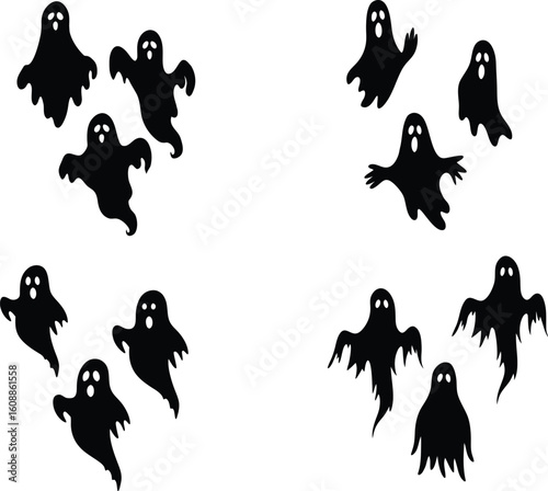 Set of Spooky Halloween ghost figures silhouette. Black and white vector editable file. Ghost, Witch, Witch Hat, Broomstick, Black Cat, Bat, Spider, Spider Web, Skeleton