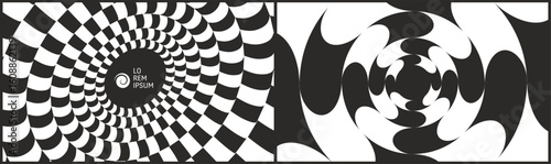 Striped circular figure. Emblems or geometric shapes. 3D wavy pattern with optical illusion. Abstract striped background. Cover design template. Vector for brochure, presentation, flyer or banner.