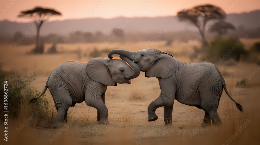Fototapeta premium Two Baby Elephants Playful Interaction at Sunset
