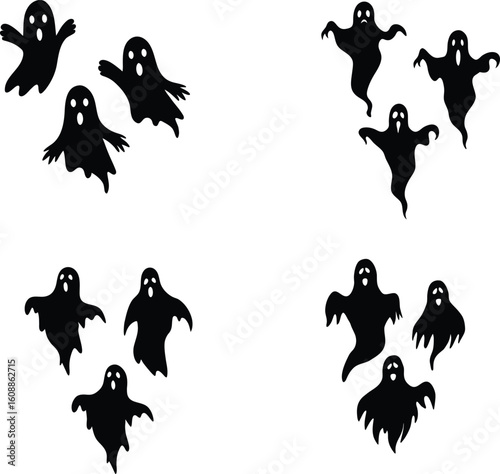 Set of Spooky Halloween ghost figures silhouette. Black and white vector editable file. Ghost, Witch, Witch Hat, Broomstick, Black Cat, Bat, Spider, Spider Web, Skeleton