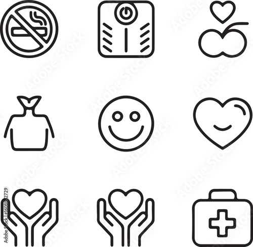 Set of health and wellness icons representing healthy lifestyle choices including no smoking weight scale healthy eating organ donation and mental and physical wellbeing
