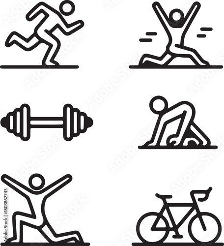 Minimalist Fitness Icon Set Featuring Running Stretching Weightlifting Starting Position Jumping and Cycling for Sport and Healthy Lifestyle Designs and Projects