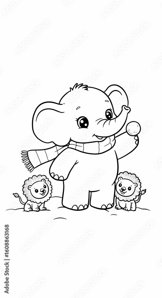 Fototapeta premium Elephant playing in the snow with two little lions, cute illustration for coloring, black and white line art, copy space