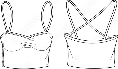  Stylish women's fashion design, front and back views, featuring a trendy bustier crop top with delicate spaghetti straps and a unique criss-cross back detail, perfect for summer apparel.
