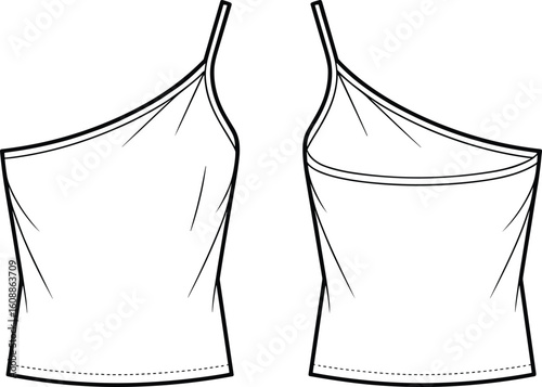 One shoulder tank top flat sketch, front and back view, asymmetrical design, women’s fashion, technical drawing, stylish top, vector template, line art

.