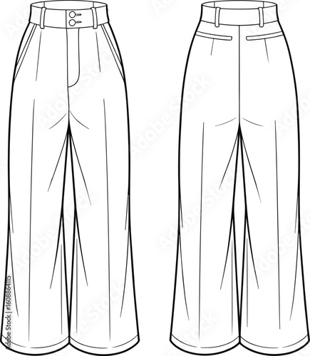 Wide leg trousers flat sketch, front and back view, high waist pants, tailored design, fashion illustration, technical drawing, clothing template, vector line art

.