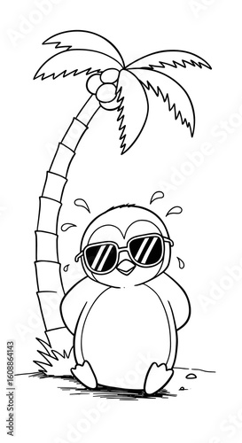 A penguin wearing sunglasses sweats in summer under a palm tree. Black and white linear image, coloring, there is free space