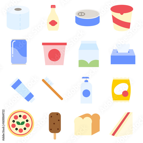 Supermarket processed goods and daily necessities icon set. Flat color style
