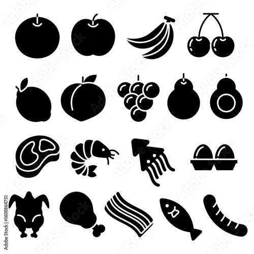 Supermarket fruits, meat, and seafood ingredients icon set. Solid style