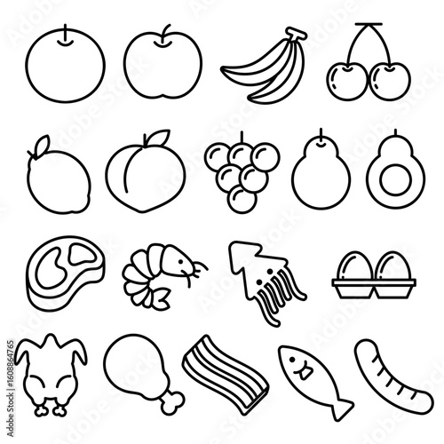 Supermarket fruits, meat, and seafood ingredients icon set. Line outline style