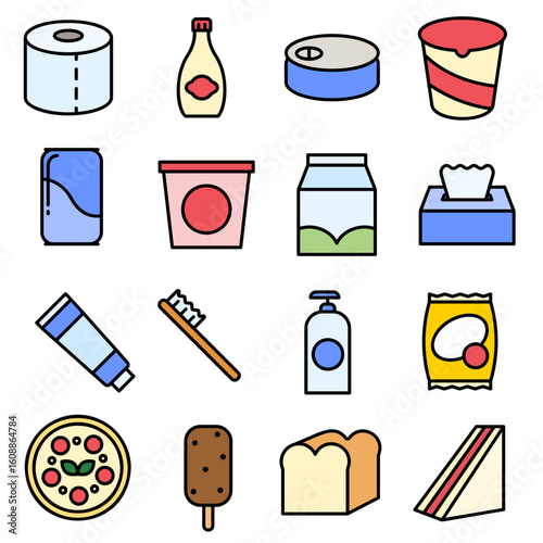 Supermarket processed goods and daily necessities icon set. Line color outline style