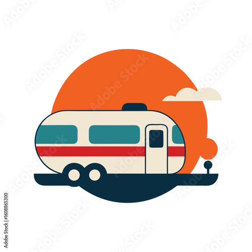 Retro Camper Van with Smoke Trail at Sunset Graphic Illustration