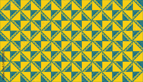 Abstract tile pattern with repeating triangle shapes in yellow and teal, some decorated with striped details. Great for fabric prints and contemporary backgrounds
