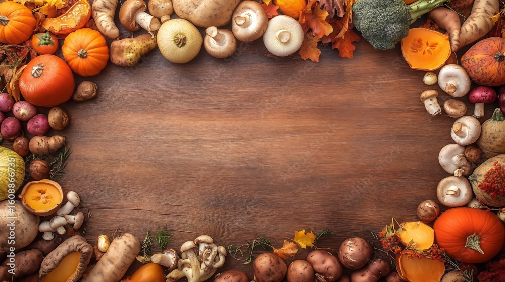 Autumn vegetables and mushrooms on rustic background with empty space in center
Autumn vegetables and mushrooms on rustic background with empty space in center