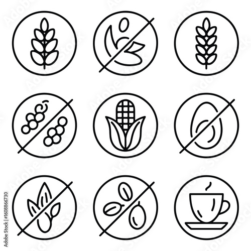 Collection of Allergen and Dietary Restriction Icons in Black and White Outline Style for Food Packaging and Menus