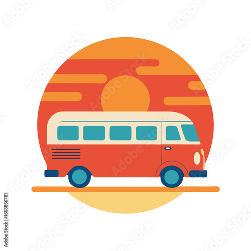 Retro Vintage Camper Van at the Beach with Sunset