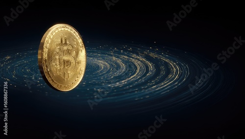 Golden cryptocurrency coin floats amidst swirling cosmic nebula