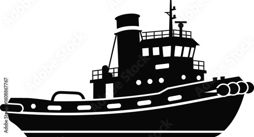 Vector art of a tugboat silhouette depicts a sturdy and reliable maritime vessel